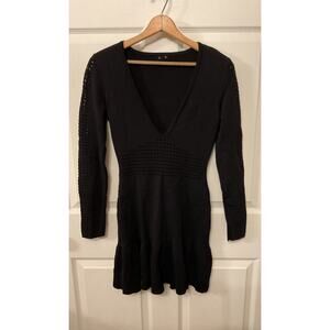 Revolve NBD V-neck Perforated Black Long Sleeve Flutter Mini Dress, S